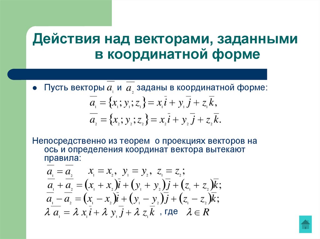 Действия над векторами, заданными в координатной форме
