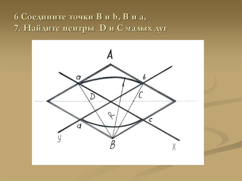 6 Соедините точки B и b, В и а, 7. Найдите центры D и С малых дуг