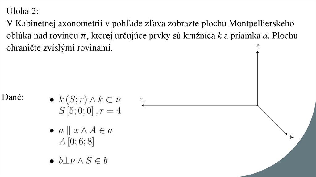 Úloha 2: V Kabinetnej axonometrii v pohľade zľava zobrazte plochu Montpellierskeho oblúka nad rovinou π, ktorej určujúce prvky