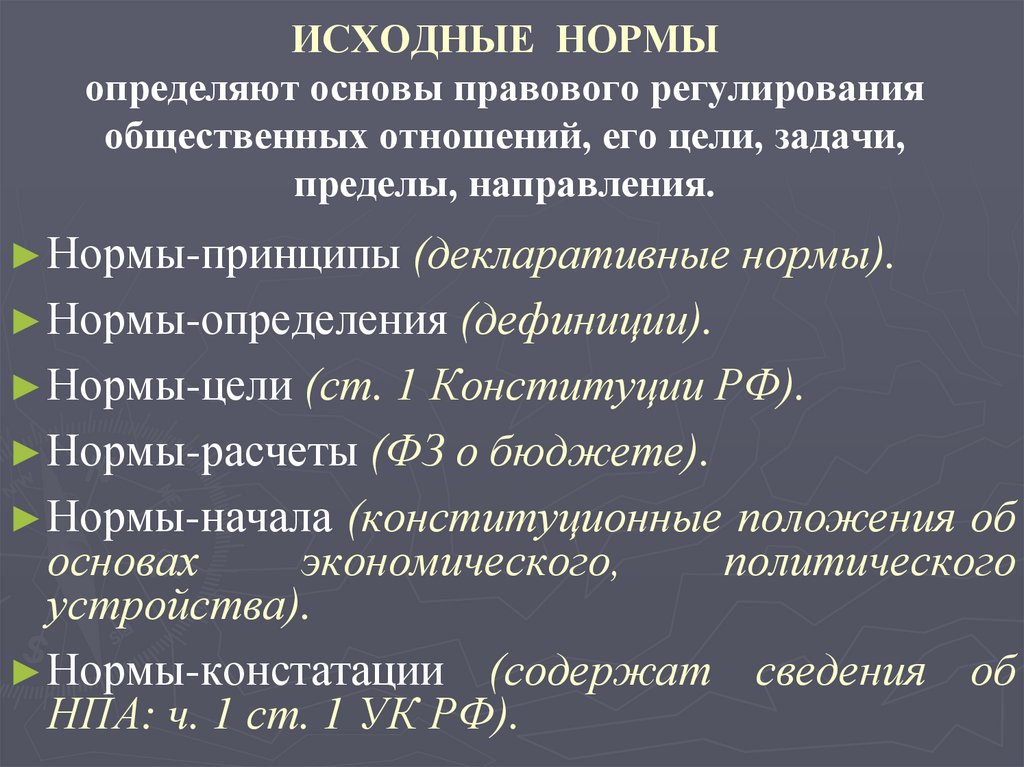 ИСХОДНЫЕ НОРМЫ определяют основы правового регулирования общественных отношений, его цели, задачи, пределы, направления.