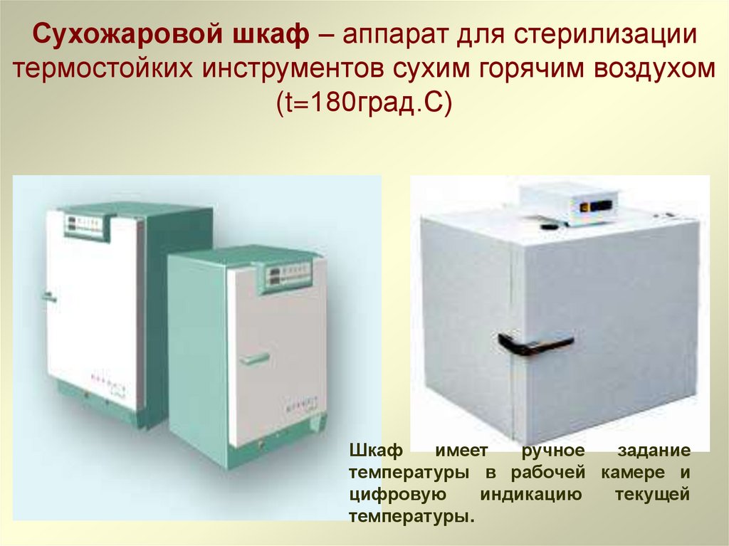 Сухожаровой шкаф – аппарат для стерилизации термостойких инструментов сухим горячим воздухом (t=180град.С)