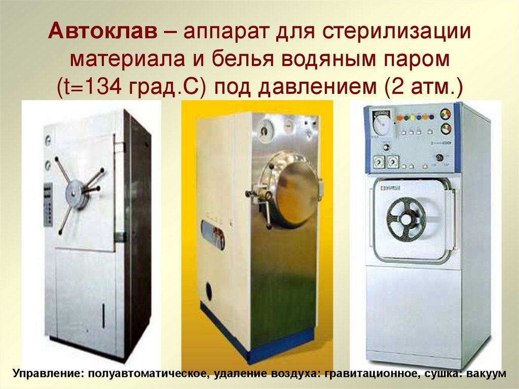 Автоклав – аппарат для стерилизации материала и белья водяным паром (t=134 град.С) под давлением (2 атм.)