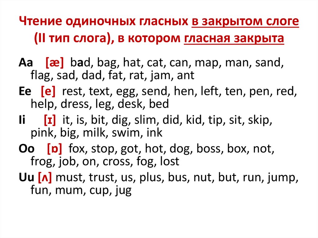 Чтение одиночных гласных в закрытом слоге (II тип слога), в котором гласная закрыта