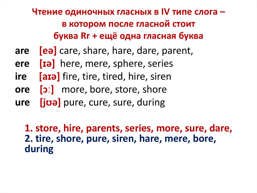 Чтение одиночных гласных в IV типе слога – в котором после гласной стоит буква Rr + ещё одна гласная буква