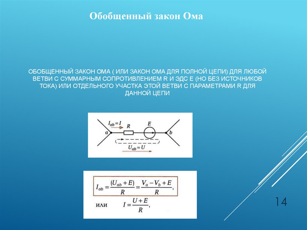обобщенный закон Ома ( или закон ома для полной цепи) для любой ветви с суммарным сопротивлением R и ЭДС Е (но без источников