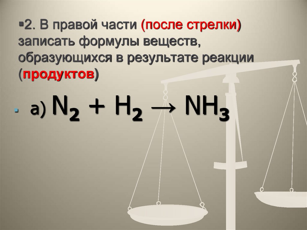 2. В правой части (после стрелки) записать формулы веществ, образующихся в результате реакции (продуктов)