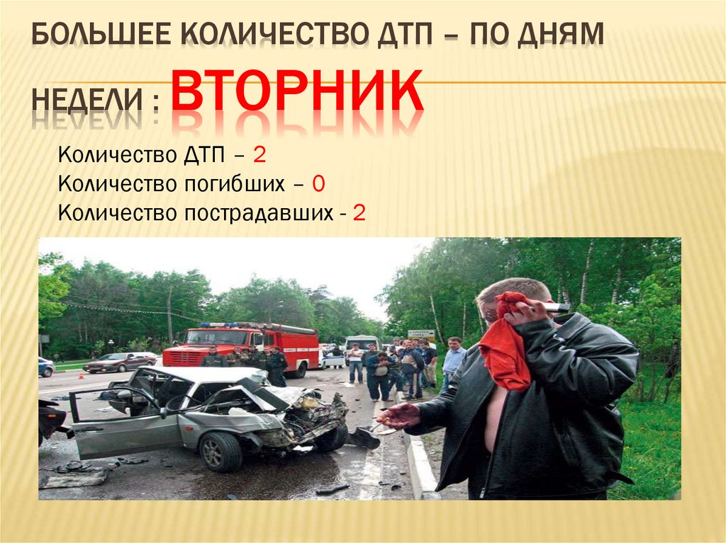 Большее количество ДТП – по дням недели : вторник