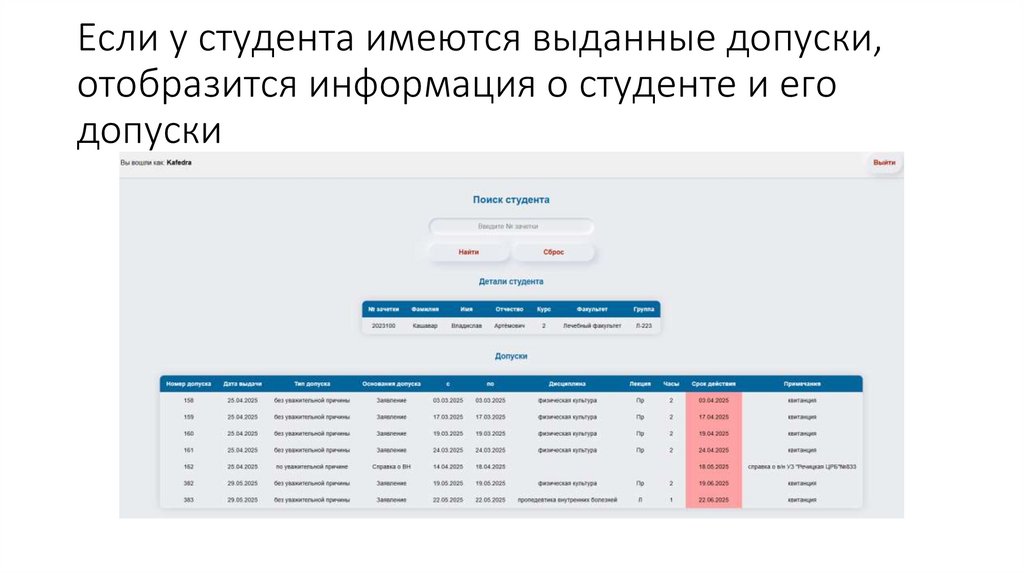 Если у студента имеются выданные допуски, отобразится информация о студенте и его допуски