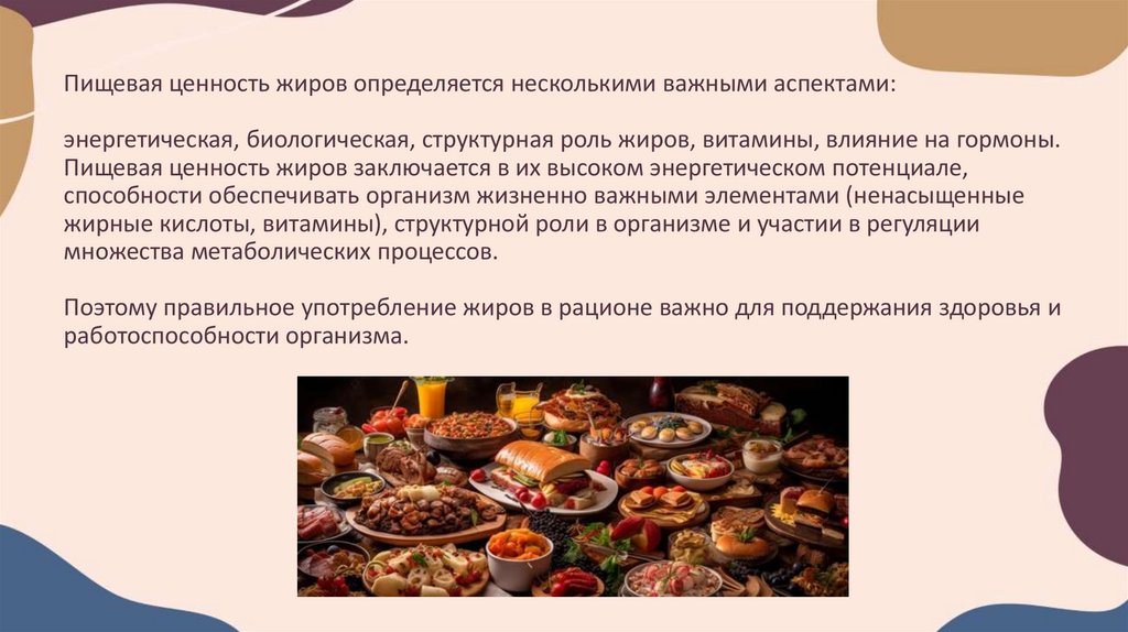 Пищевая ценность жиров определяется несколькими важными аспектами: энергетическая, биологическая, структурная роль жиров,