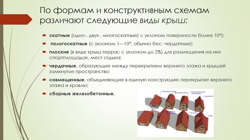 По формам и конструктивным схемам различают следующие виды крыш:
