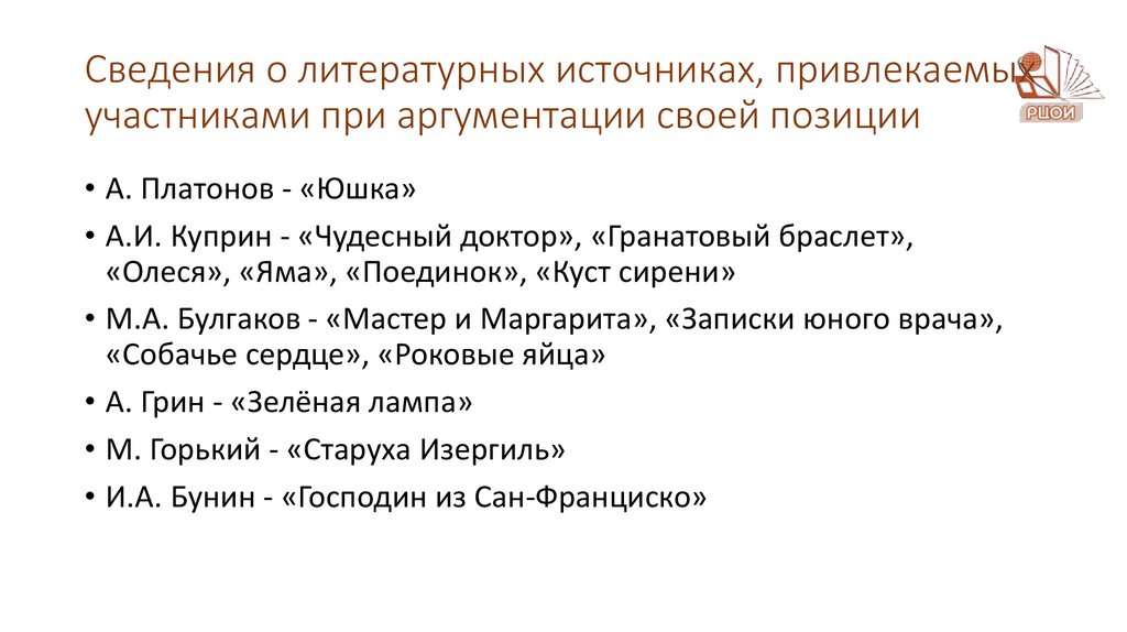 Сведения о литературных источниках, привлекаемых участниками при аргументации своей позиции