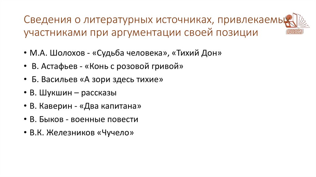 Сведения о литературных источниках, привлекаемых участниками при аргументации своей позиции