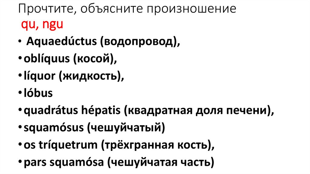 Прочтите, объясните произношение qu, ngu