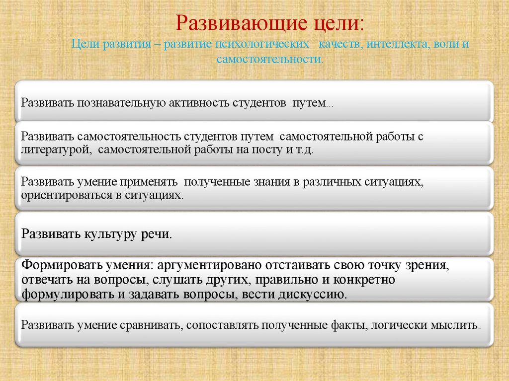 Развивающие цели: Цели развития – развитие психологических качеств, интеллекта, воли и самостоятельности.