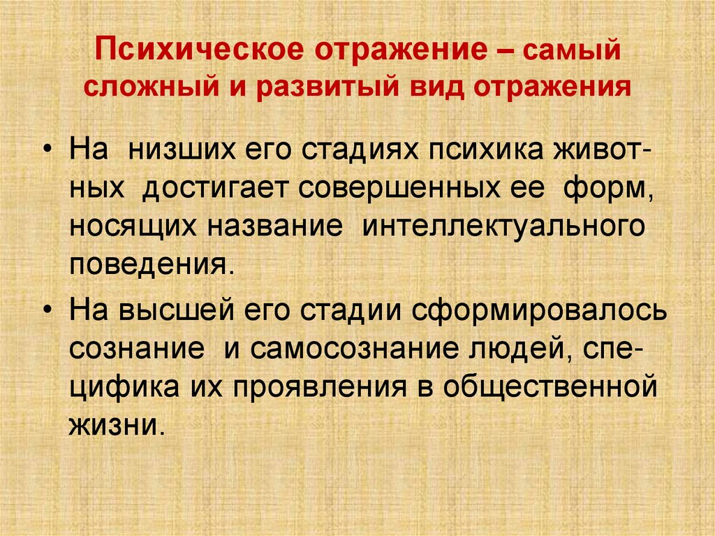 Психическое отражение – самый сложный и развитый вид отражения