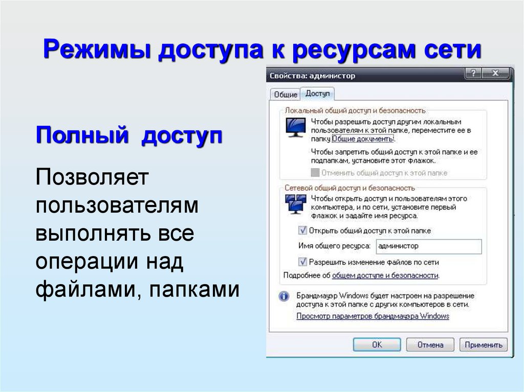 Режимы доступа к ресурсам сети