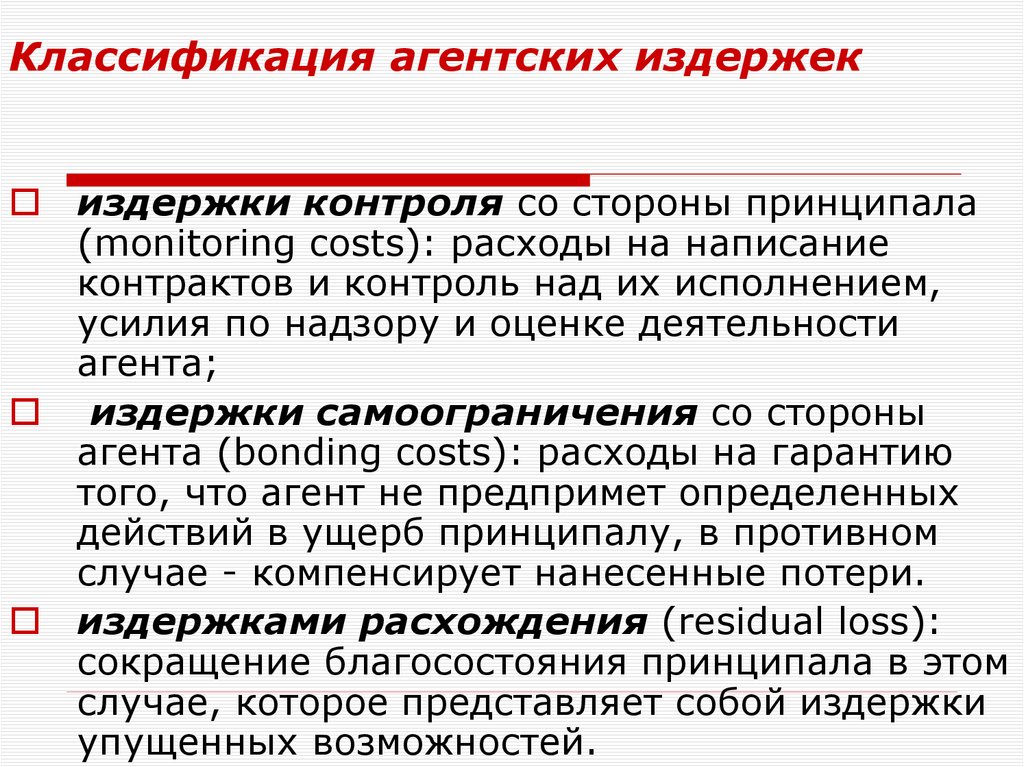 Классификация агентских издержек