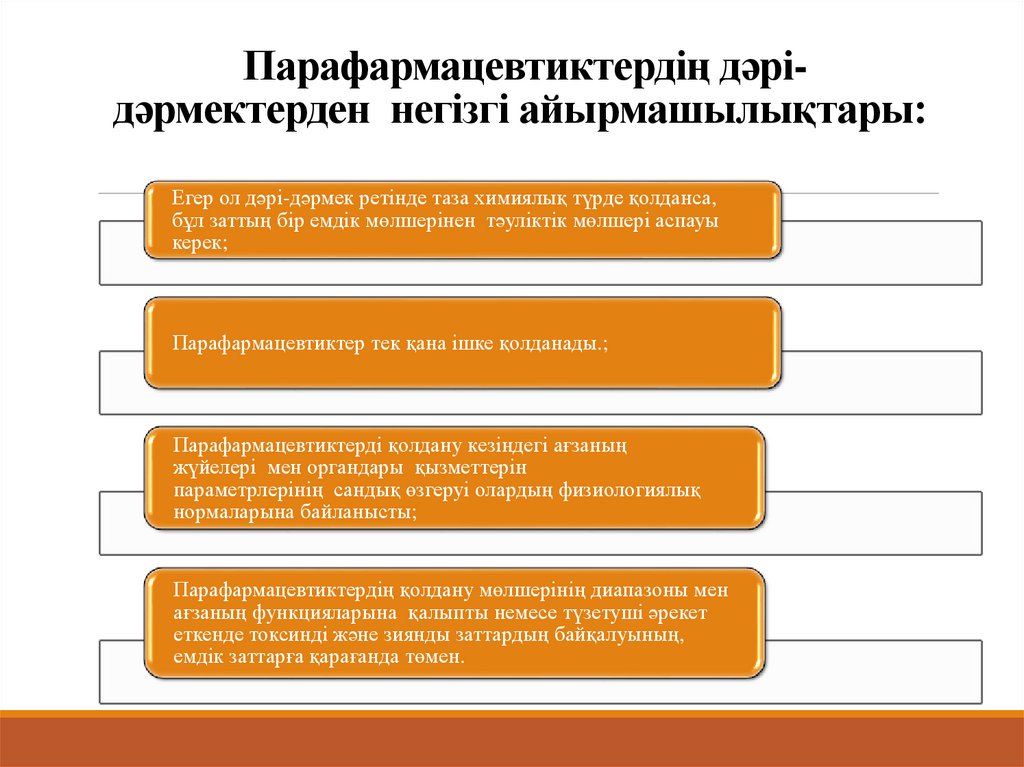  Парафармацевтиктердің дәрі-дәрмектерден  негізгі айырмашылықтары: