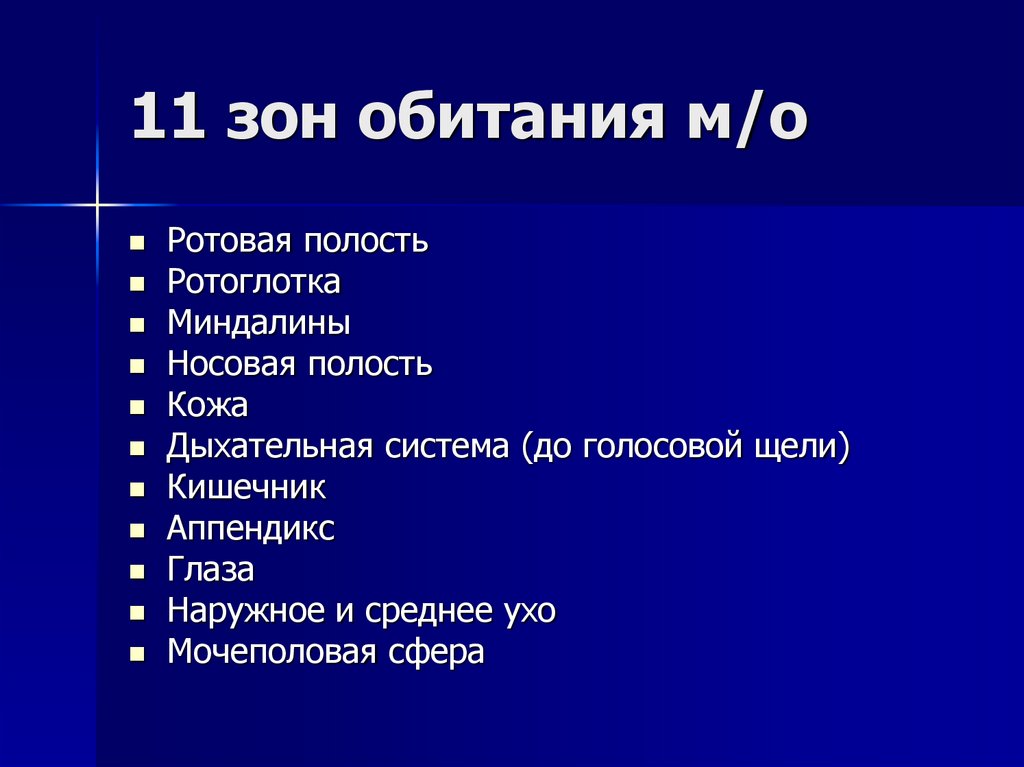 11 зон обитания м/о