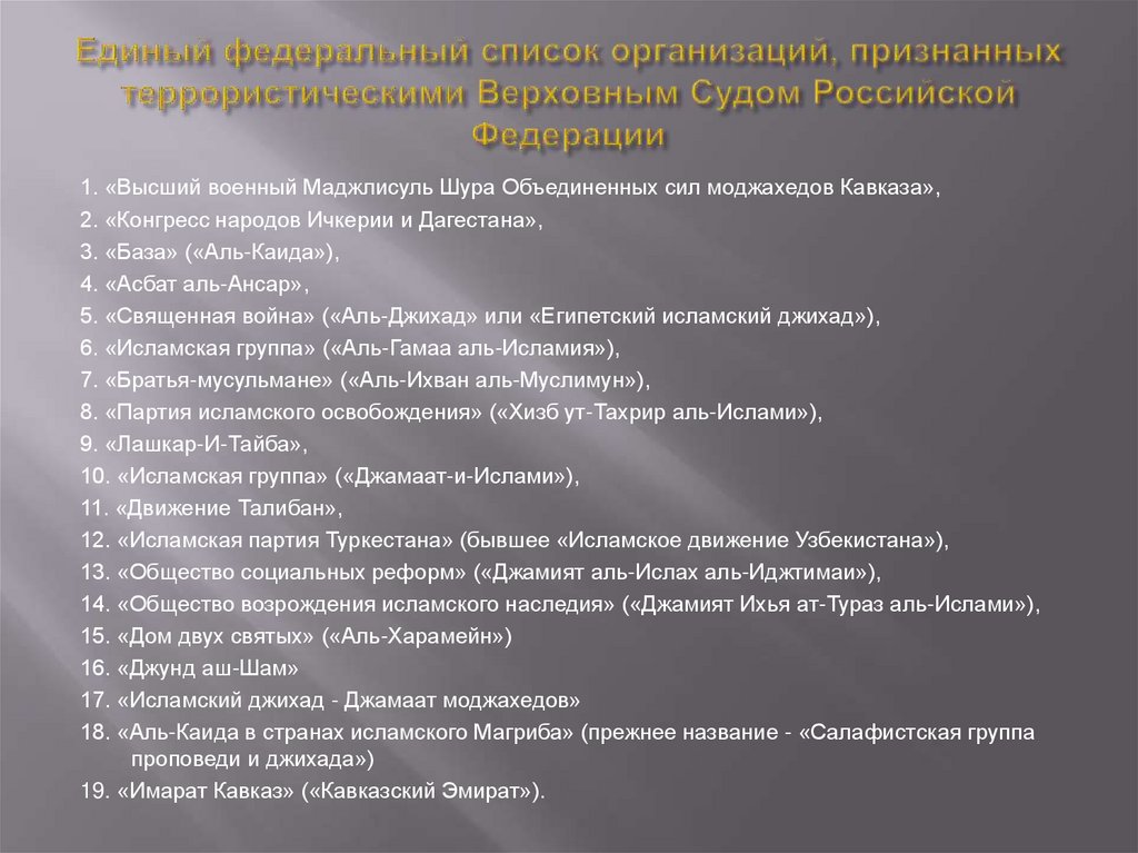 Единый федеральный список организаций, признанных террористическими Верховным Судом Российской Федерации