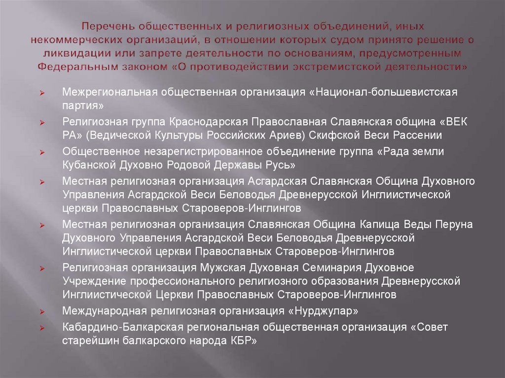 Перечень общественных и религиозных объединений, иных некоммерческих организаций, в отношении которых судом принято решение о