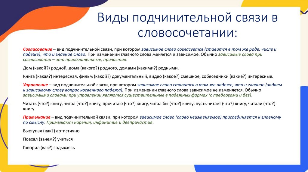 Виды подчинительной связи в словосочетании: