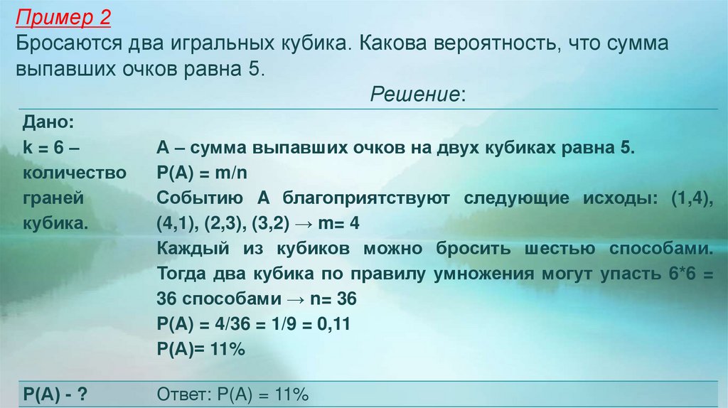 Пример 2 Бросаются два игральных кубика. Какова вероятность, что сумма выпавших очков равна 5. Решение: