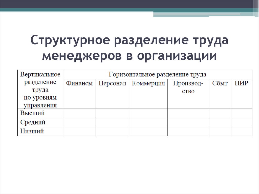 Структурное разделение труда менеджеров в организации