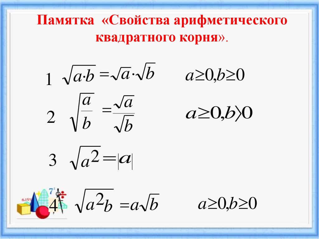 Памятка «Свойства арифметического квадратного корня».