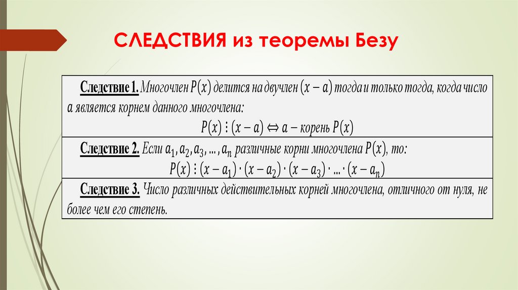 СЛЕДСТВИЯ из теоремы Безу