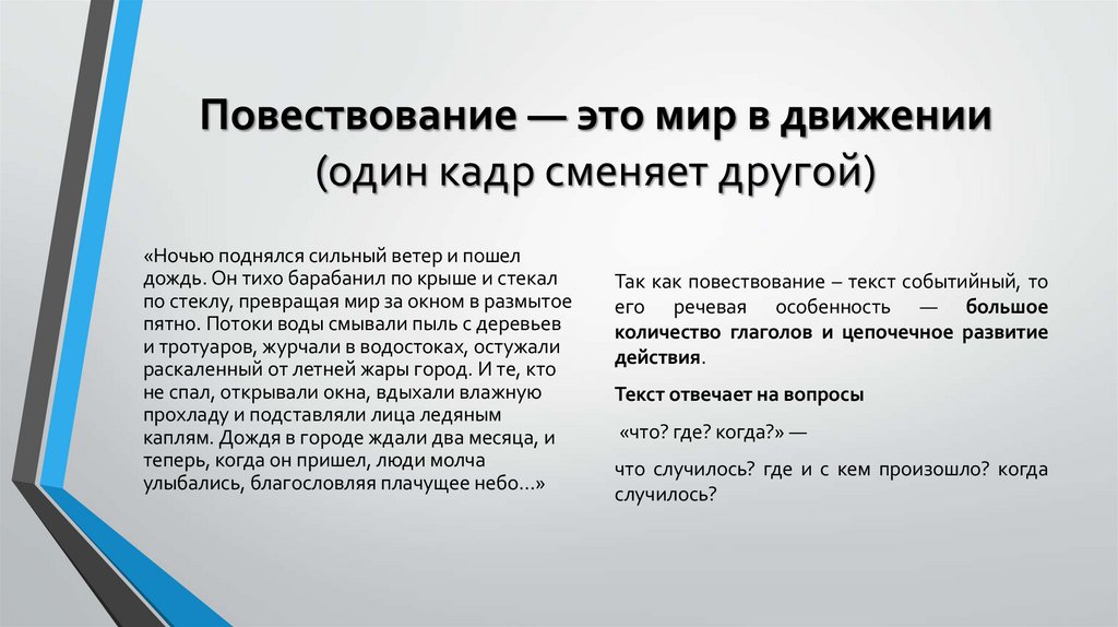 Повествование — это мир в движении (один кадр сменяет другой)