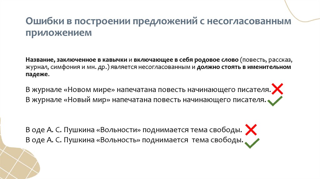 Ошибки в построении предложений с несогласованным приложением Название, заключенное в кавычки и включающее в себя родовое слово