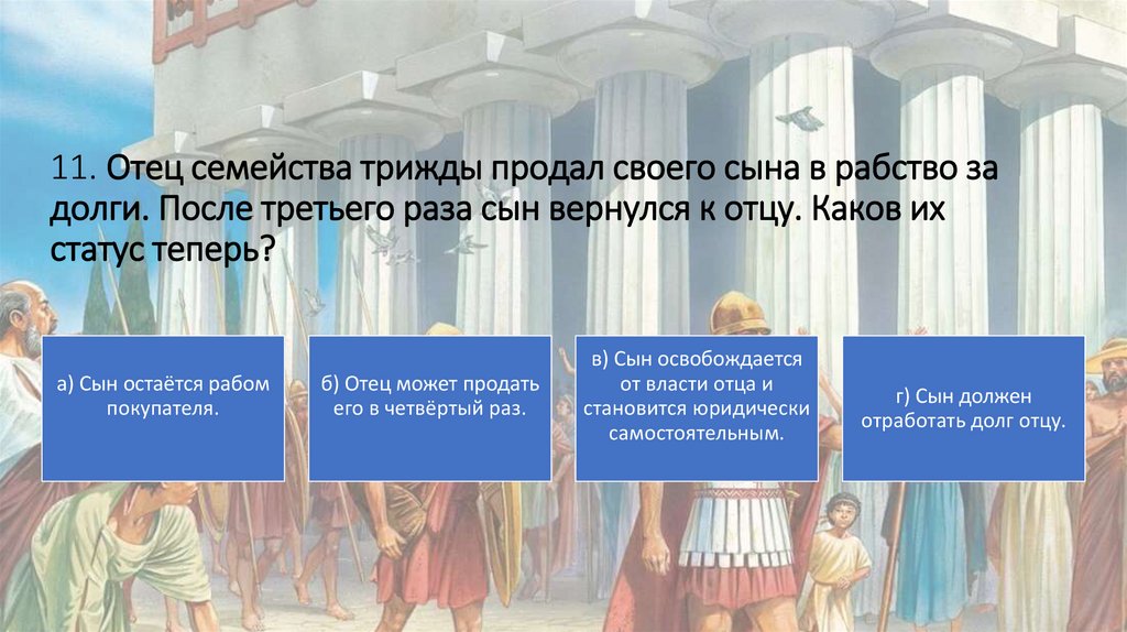 11. Отец семейства трижды продал своего сына в рабство за долги. После третьего раза сын вернулся к отцу. Каков их статус