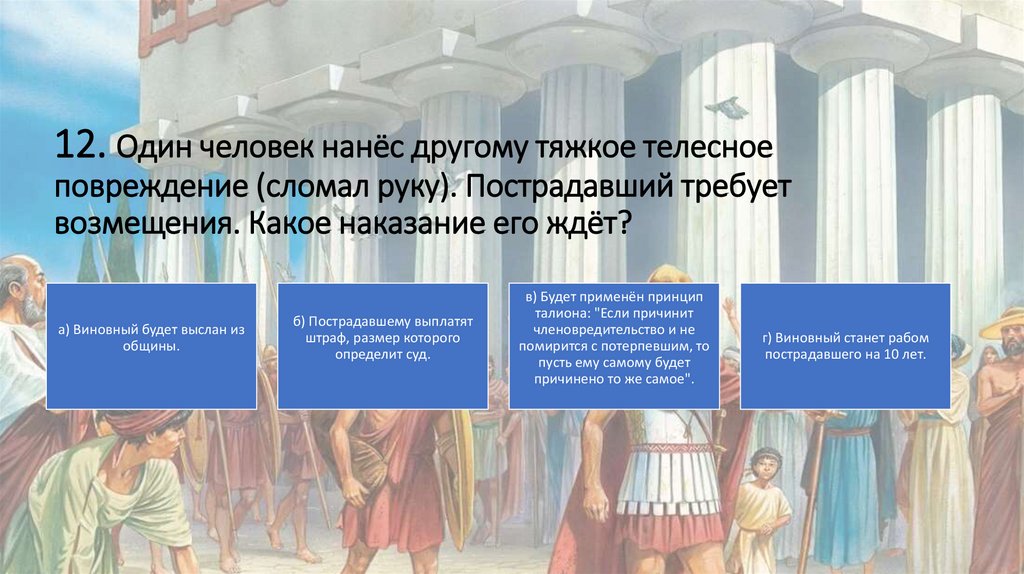 12. Один человек нанёс другому тяжкое телесное повреждение (сломал руку). Пострадавший требует возмещения. Какое наказание его