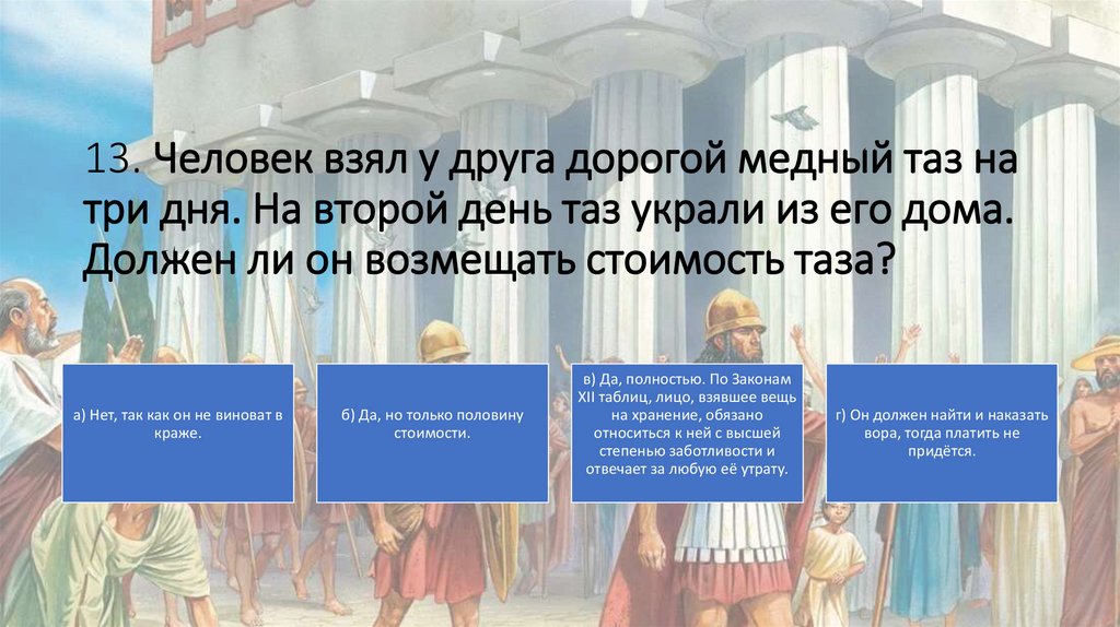 13. Человек взял у друга дорогой медный таз на три дня. На второй день таз украли из его дома. Должен ли он возмещать стоимость