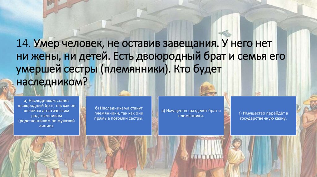 14. Умер человек, не оставив завещания. У него нет ни жены, ни детей. Есть двоюродный брат и семья его умершей сестры