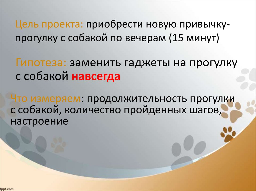 Цель проекта: приобрести новую привычку-прогулку с собакой по вечерам (15 минут)