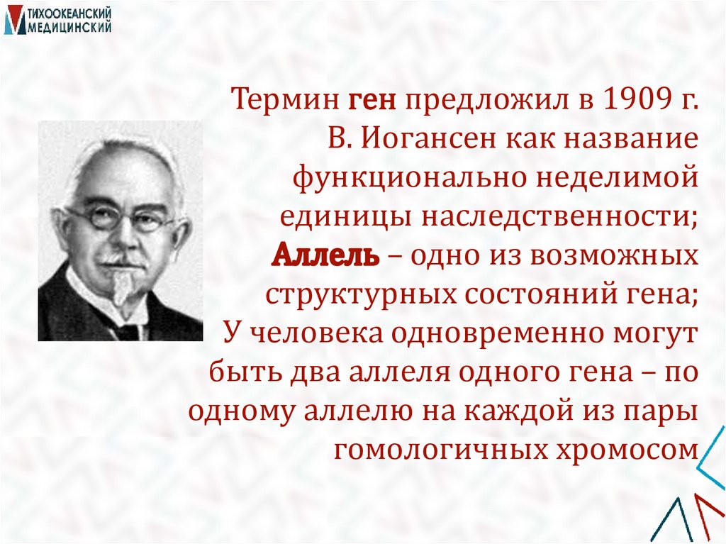 Термин ген предложил в 1909 г. В. Иогансен как название функционально неделимой единицы наследственности; Аллель – одно из