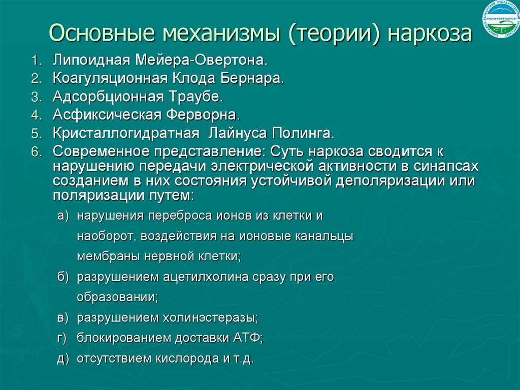 Основные механизмы (теории) наркоза