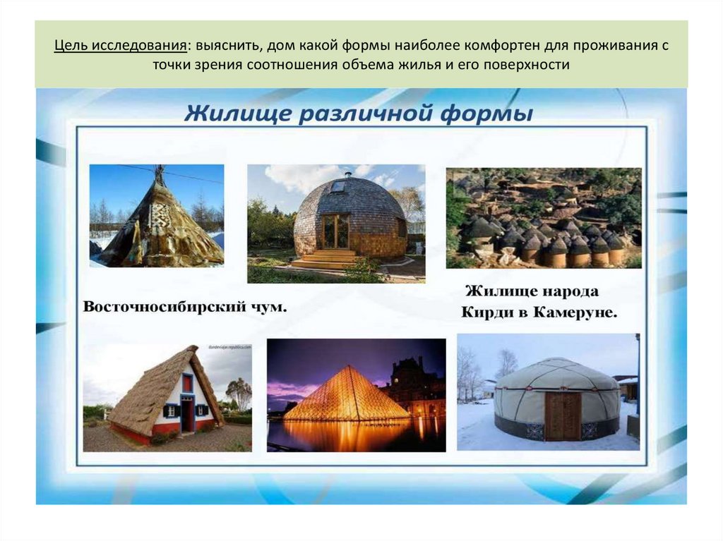 Цель исследования: выяснить, дом какой формы наиболее комфортен для проживания с точки зрения соотношения объема жилья и его