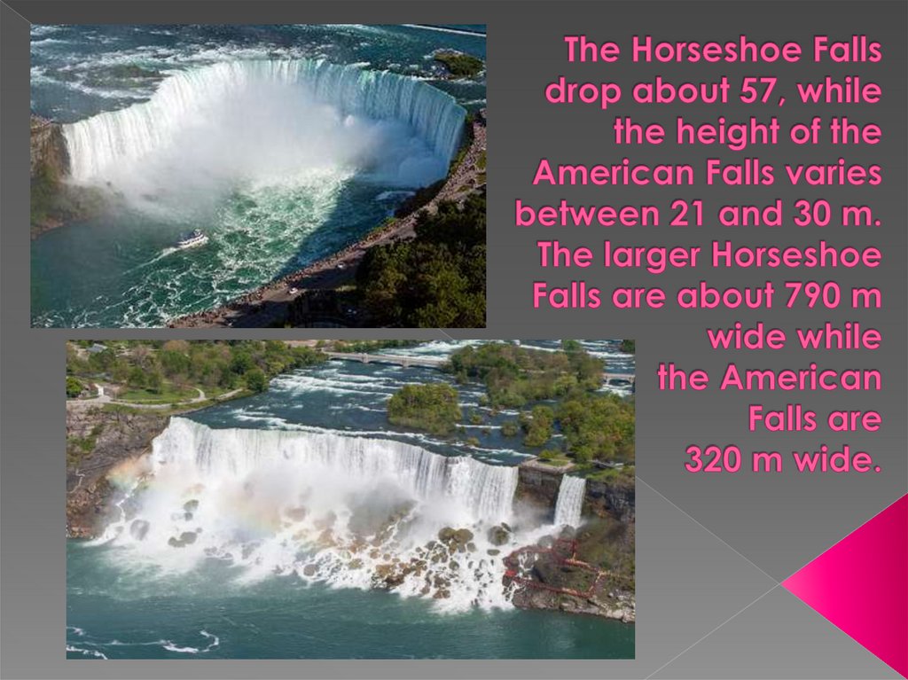 The Horseshoe Falls drop about 57, while the height of the American Falls varies between 21 and 30 m. The larger Horseshoe