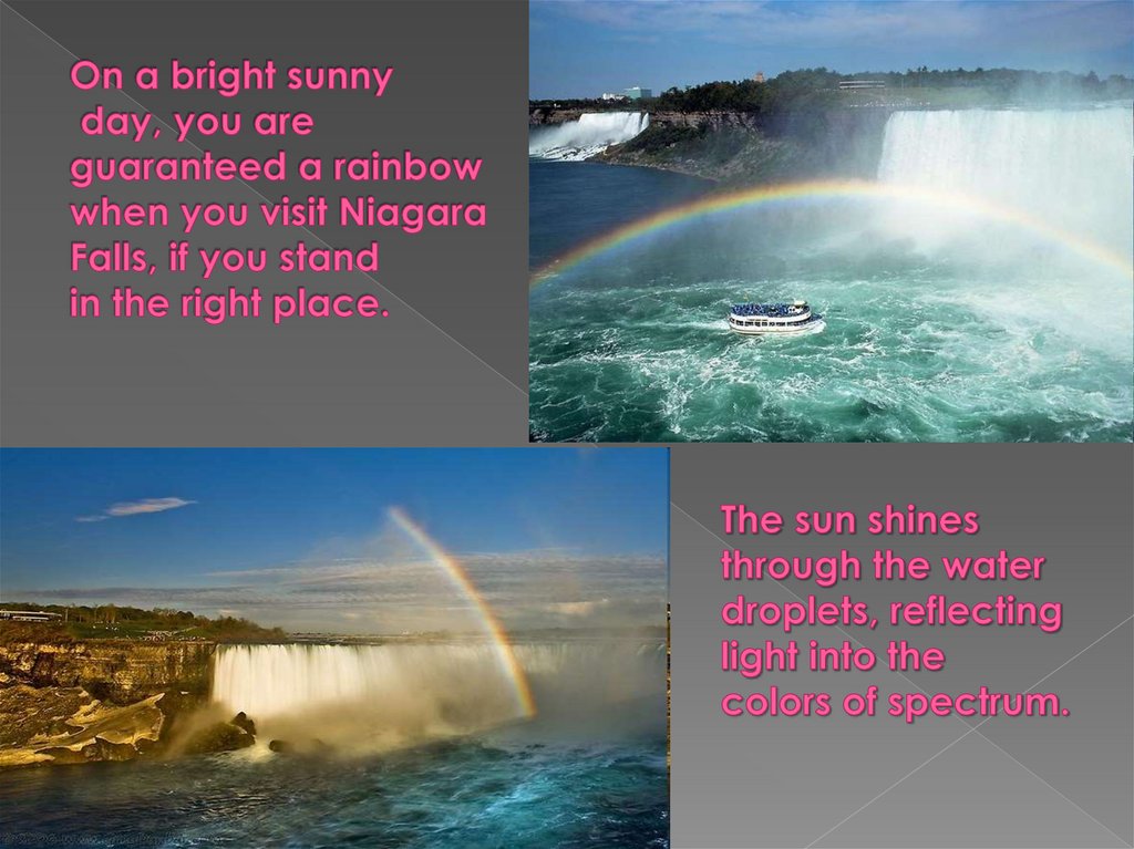 On a bright sunny day, you are guaranteed a rainbow when you visit Niagara Falls, if you stand in the right place. The sun