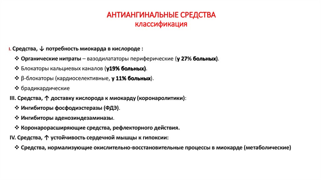 АНТИАНГИНАЛЬНЫЕ СРЕДСТВА классификация