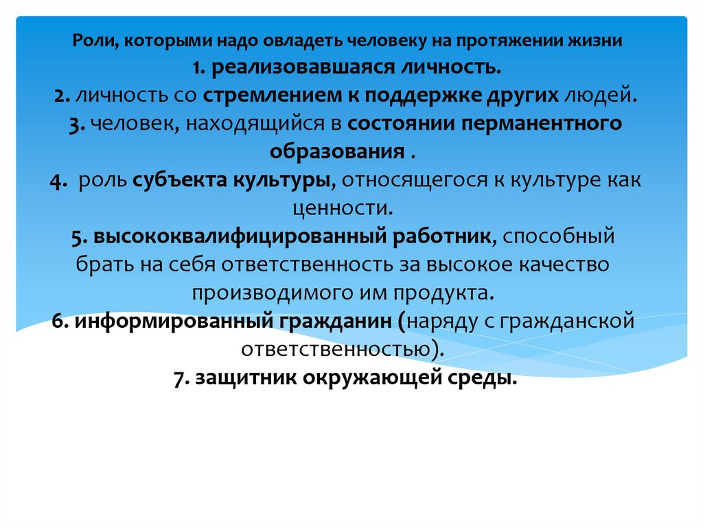 Роли, которыми надо овладеть человеку на протяжении жизни 1. реализовавшаяся личность. 2. личность со стремлением к поддержке