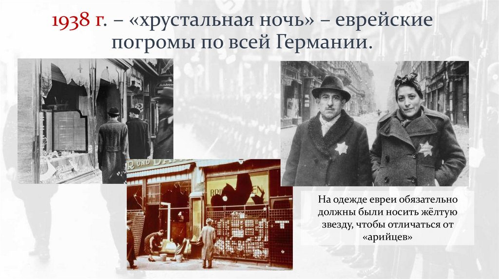 1938 г. – «хрустальная ночь» – еврейские погромы по всей Германии.