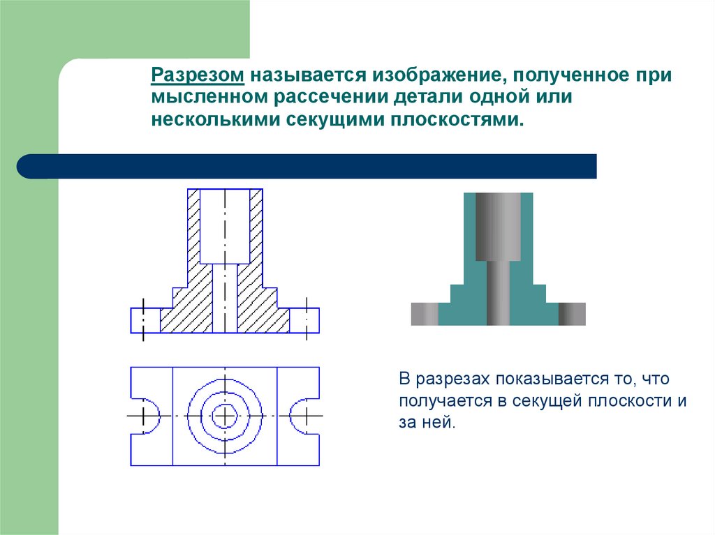 Разрезом называется изображение, полученное при мысленном рассечении детали одной или несколькими секущими плоскостями.