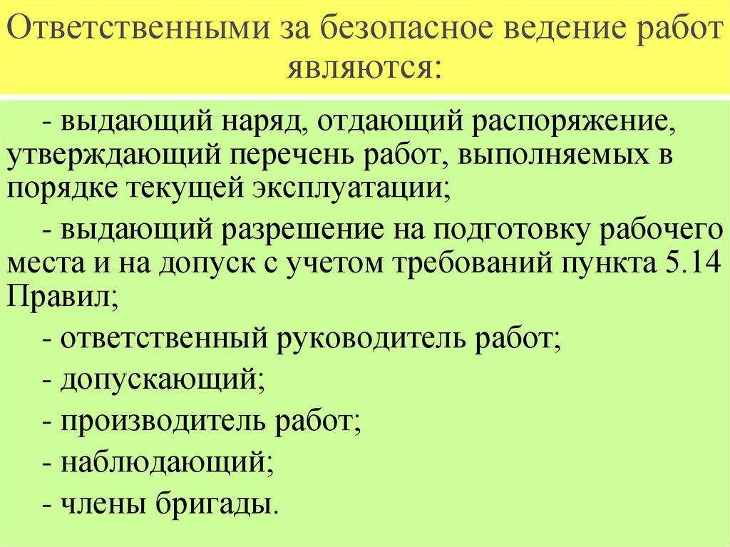 Ответственными за безопасное ведение работ являются: