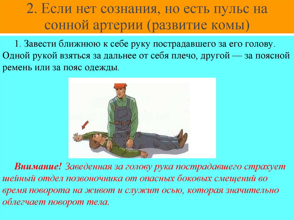 2. Если нет сознания, но есть пульс на сонной артерии (развитие комы)