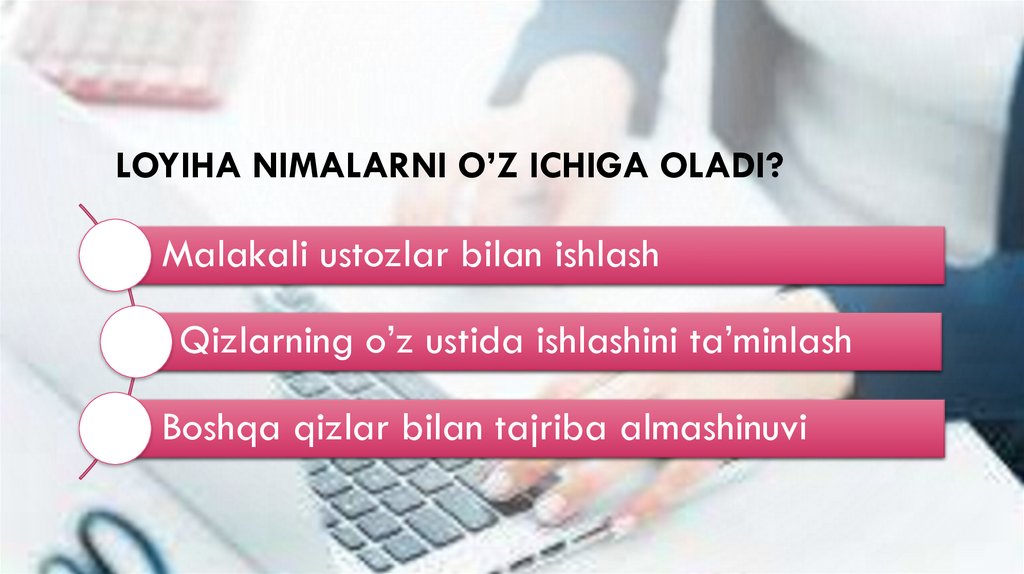 Loyiha nimalarni o’z ichiga oladi?