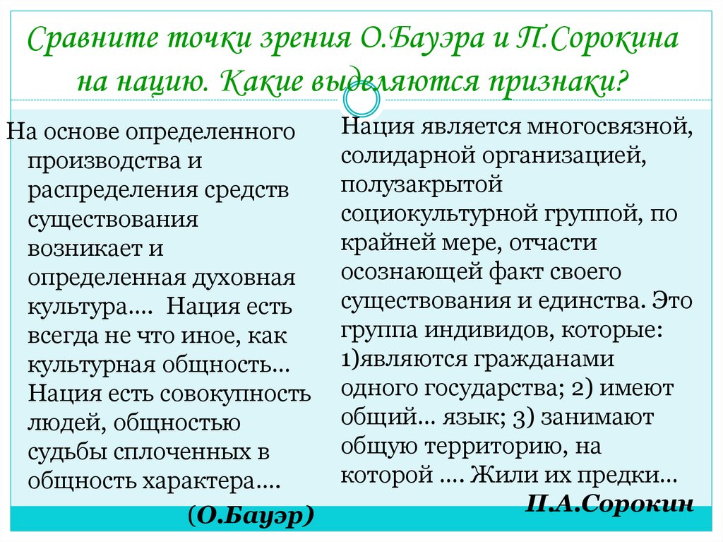 Сравните точки зрения О.Бауэра и П.Сорокина на нацию. Какие выделяются признаки?
